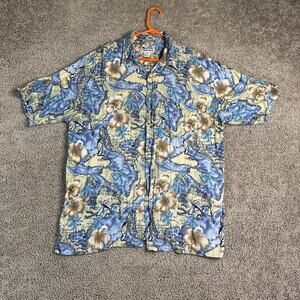Sun Casuals Hawaiian Shirt Mens XL Blue Beige Hibiscus Nautical Map Button Up